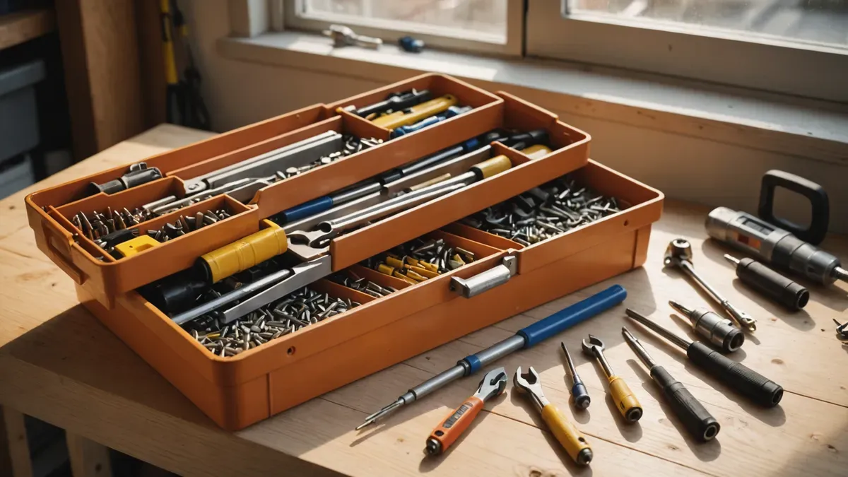 Caisse à outils ouverte sur un établi en bois, marteau, tournevis et mètre ruban rangés dans les compartiments