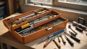 Caisse à outils ouverte sur un établi en bois, marteau, tournevis et mètre ruban rangés dans les compartiments