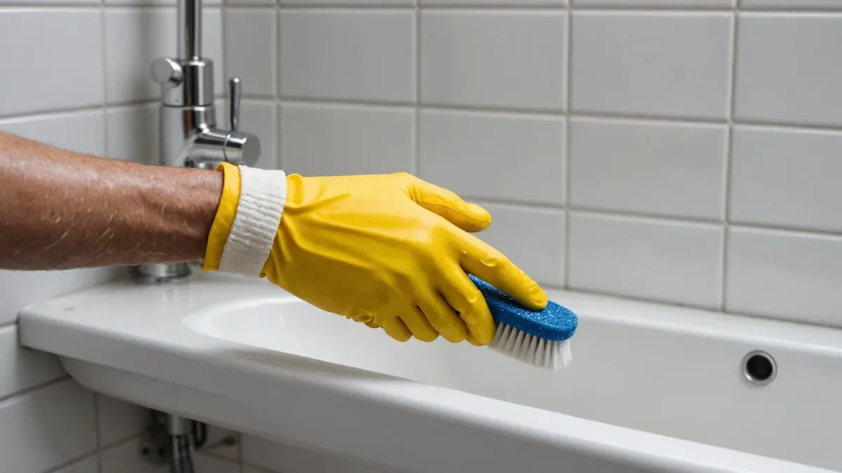Main gantée de jaune passant une brosse le long du joint blanc entre un rebord sanitaire et le carrelage d'une salle de bains
