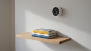 Étagère flottante en chêne clair portant trois livres contre un mur blanc, un rouleau d'adhésif de masquage accroché au-dessus, en lumière rasante