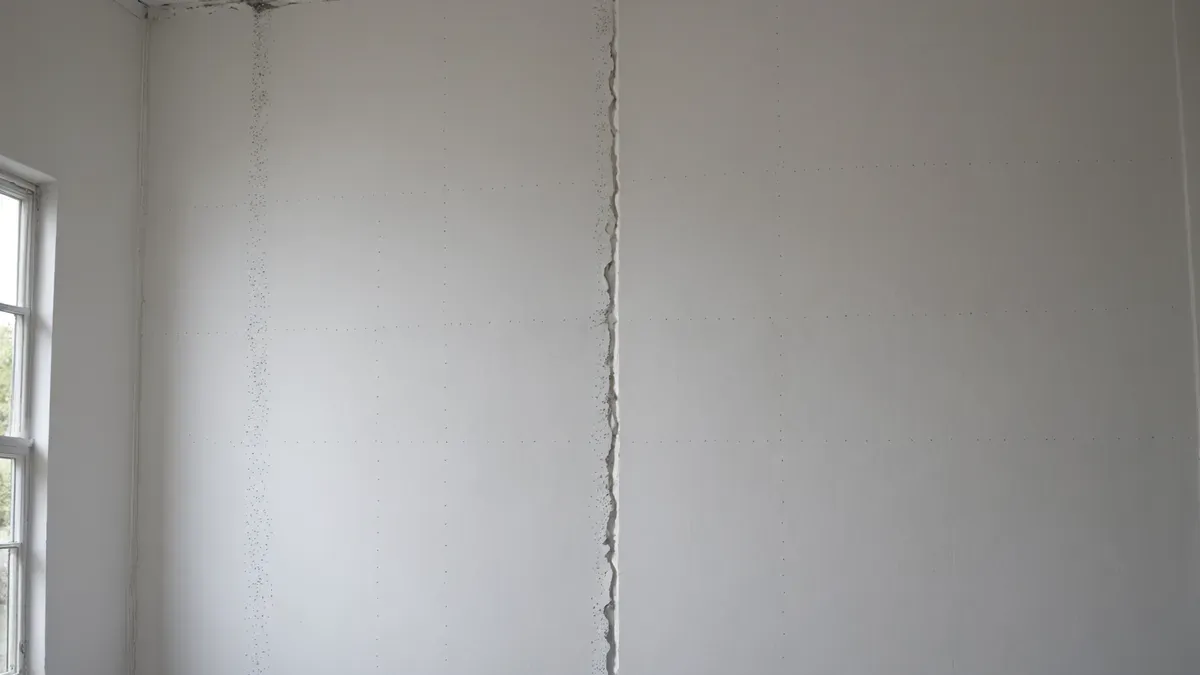 Cloison en plaques de plâtre non peinte dans une pièce vide, joints des plaques et alignements verticaux de têtes de vis visibles à la lumière d'une fenêtre