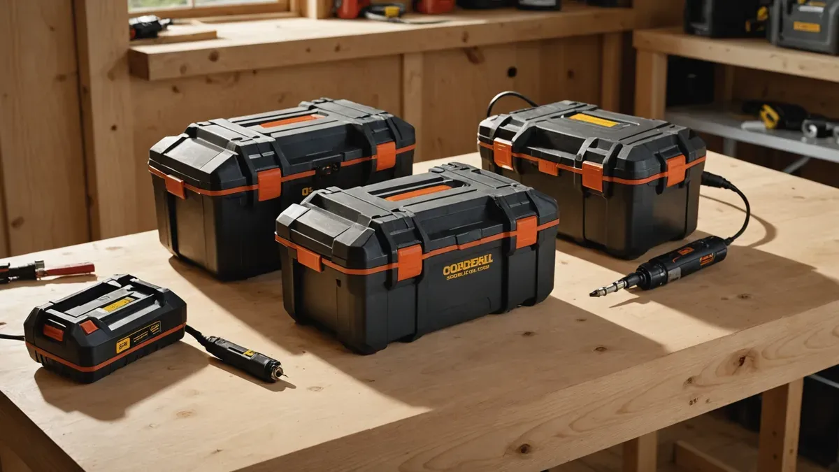 Deux batteries lithium d'outillage de tailles différentes posées sur un plan de travail en bois brut, dans la lumière chaude de fin de journée