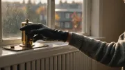 Main gantée tenant une clé de purge sur le purgeur d'un radiateur blanc, petit bol posé dessous