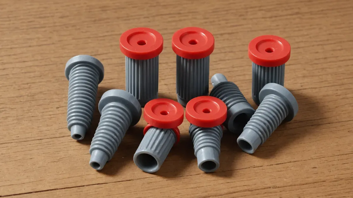 Chevilles en plastique gris à collerette rouge, les unes nervurées et droites, les autres coniques, posées debout et couchées sur un plan de travail en bois clair