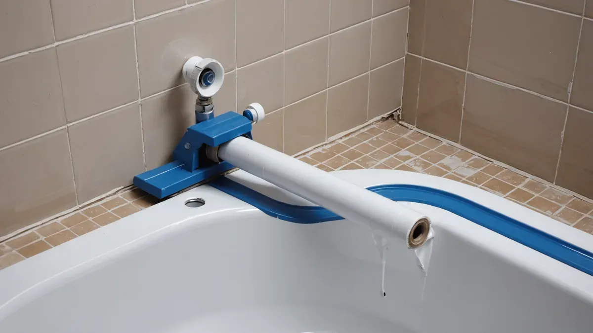 Cordon de mastic blanc fraîchement posé entre le rebord d'une baignoire et le carrelage, pistolet à cartouche et ruban de masquage posés à côté