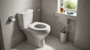 Réservoir de WC ouvert avec son couvercle posé de côté, mécanisme de chasse d'eau visible dans une salle d'eau carrelée