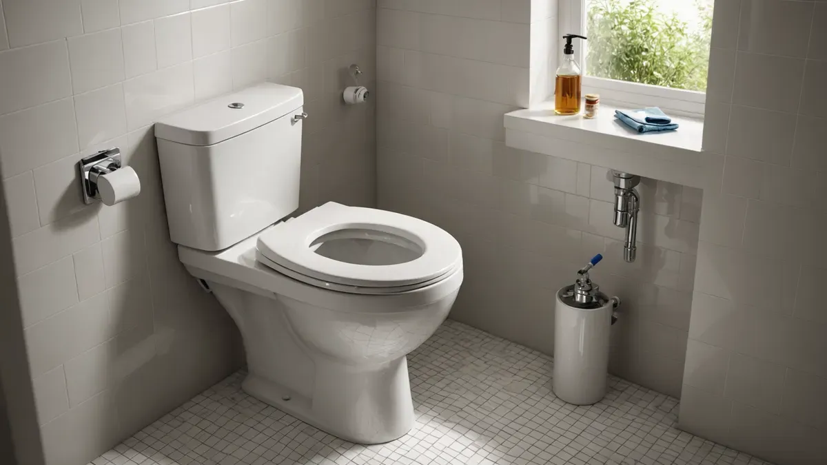 Réservoir de WC ouvert avec son couvercle posé de côté, mécanisme de chasse d'eau visible dans une salle d'eau carrelée